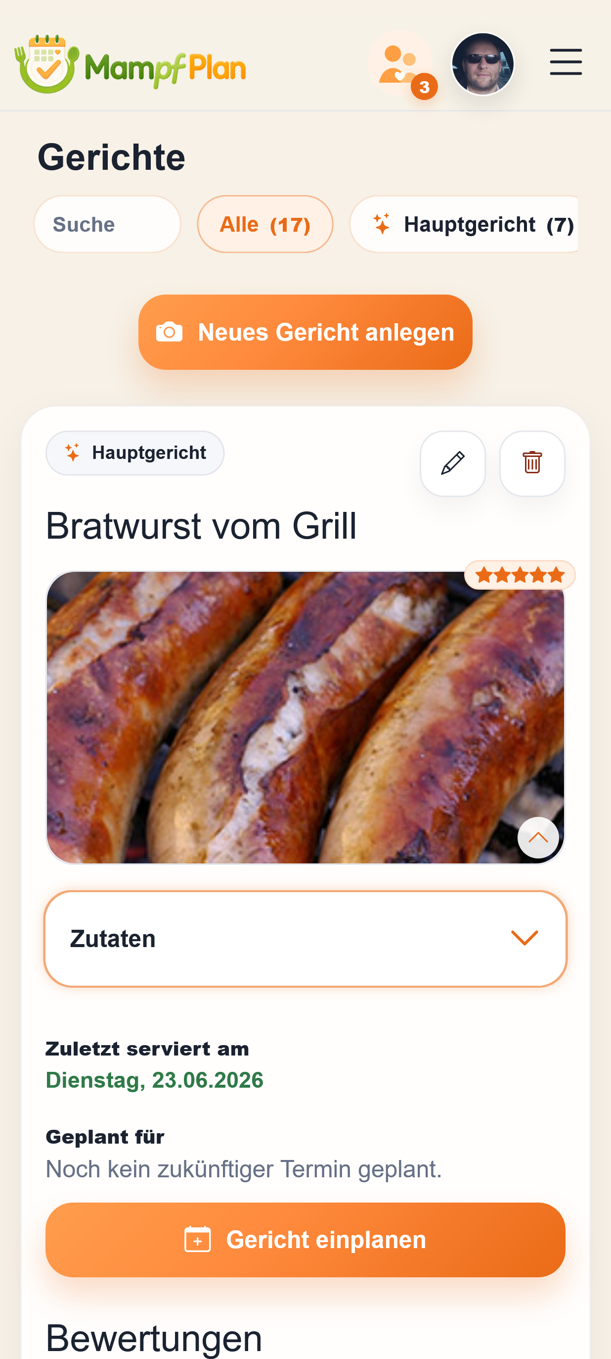 Gerichte in der MampfPlan-App: Suche, Filter, Gerichtskarte mit Foto, Bewertung und Einplanen
